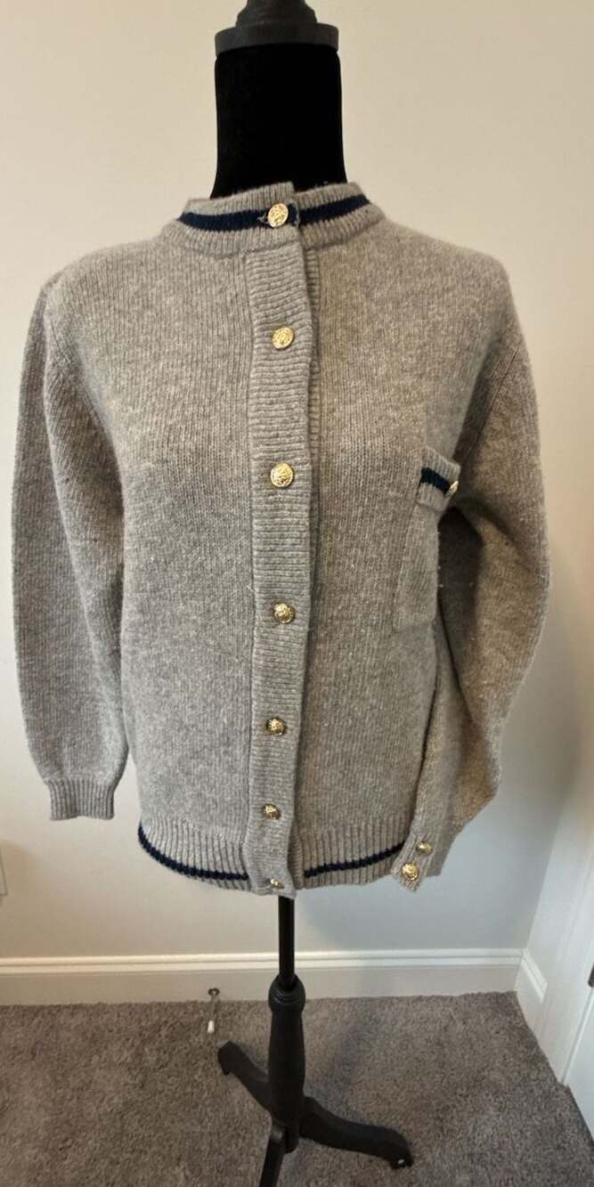 Jayson Younger Vintage 100% Lambswool Grey Cardigan Navy Trim Gold Buttons M